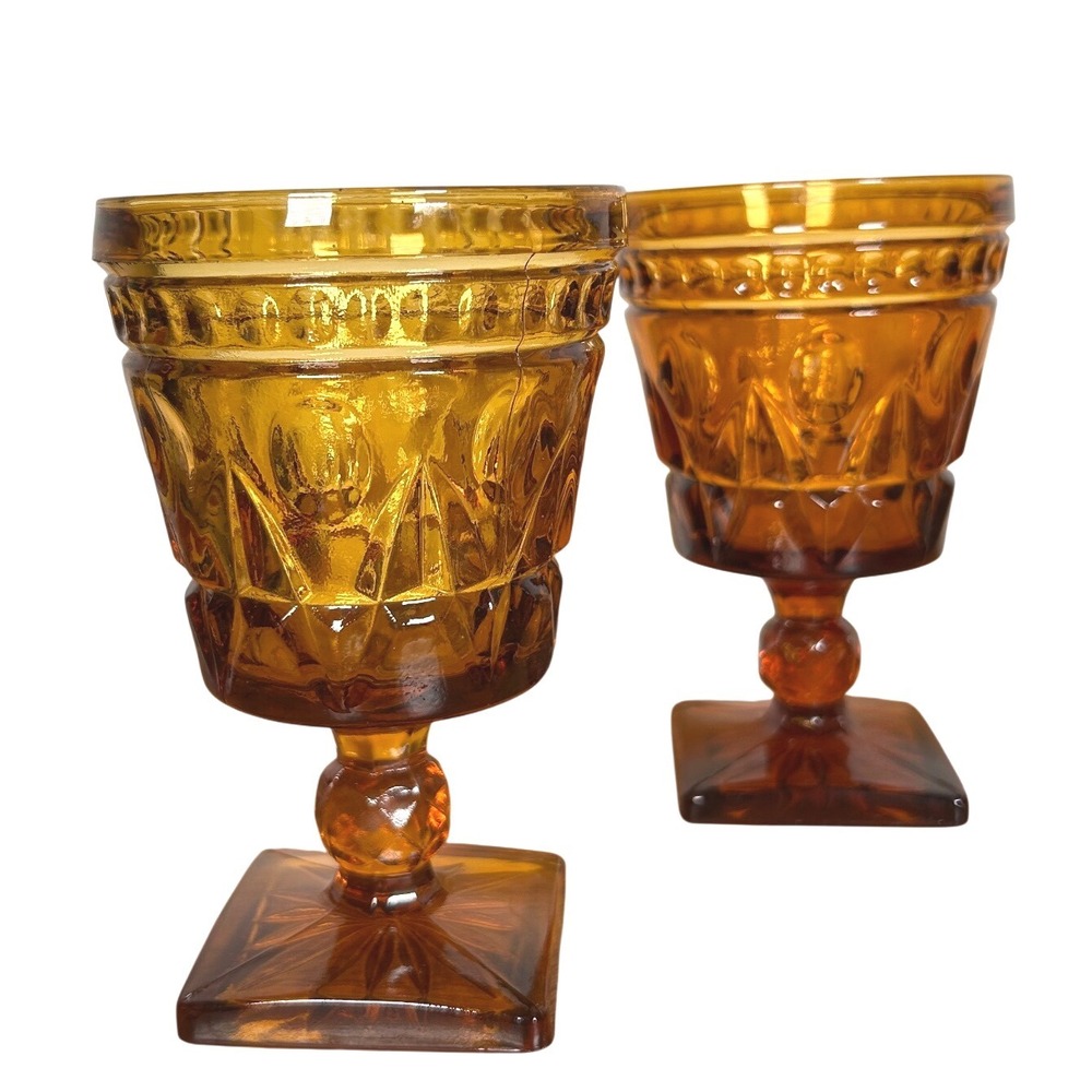 Indiana Glass Amber Goblets Thumbprint Diamond Point Square Base Set/2 VTG